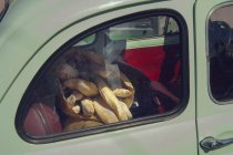 Bolsas de baguettes en el asiento trasero del coche de época, Brignogan, Francia - foto de stock