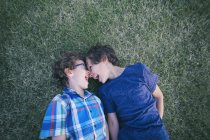 Deux garçons face à face sur l'herbe du jardin — Photo de stock