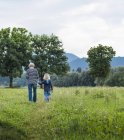 Vista trasera de la abuela y el nieto en el campo, Fuessen, Baviera, Alemania - foto de stock