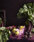Still life of rhubarb, beetroots and pears — Stock Photo