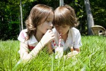 Brother and sister in woods sharing milkshake — Stock Photo