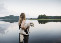 Mulher carregando cotão de tulear cão no lago, Orivesi, Finlândia — Fotografia de Stock