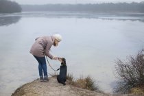 Середня доросла жінка кидає собаку на берег річки — стокове фото