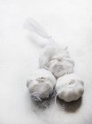 Lampadine di aglio in rete su sfondo bianco — Foto stock