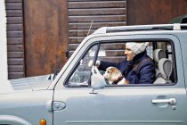 Середній дорослий чоловік з собакою за кермом фургона — стокове фото