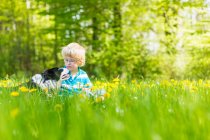 Boy with dog in field of tall grass — Stock Photo