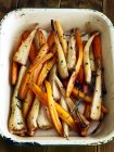 Top view of Tray of roasted carrots and parsnips — Stock Photo