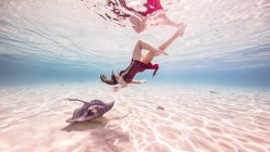 Plongeur libre femelle nageant près de raie sur le fond marin — Photo de stock
