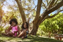 Retrato de dos hermanas jóvenes, sentadas junto al árbol - foto de stock