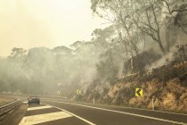 Buschfeuer und Auto auf der Autobahn, New South Wales, Australien — Stockfoto