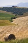 Field with hay bales, Val d'Orcia, Siena, Tuscany, Italy — Stock Photo