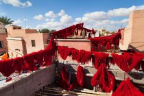 Dyed wool drying on lines — Stock Photo