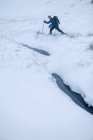 Senderista raquetas de nieve en el paisaje rural - foto de stock