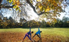 Two women doing yoga in park on autumn day — Stock Photo