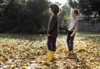 Two boys playing outdoors, in autumn leaves — Stock Photo