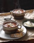 Portions of borscht with sour cream and roasted bread slices — Stock Photo