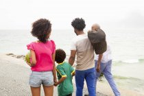 Vista posteriore della famiglia di quattro persone che passeggiano lungo la spiaggia di Ipanema, Rio De Janeiro, Brasile — Foto stock