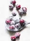 Frozen cranberries on silver spoon and white surface — Stock Photo