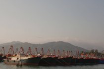 Лодки, пришвартованные в гавани в ряд — стоковое фото
