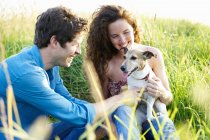 Пара с собакой на пшеничном поле — стоковое фото