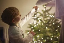 Jovem menino colocando luzes de árvore de Natal — Fotografia de Stock