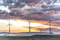 Windkraftanlagen mit bewölktem Himmel bei Sonnenuntergang — Stockfoto