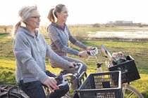 Side view of women cycling by marshland smiling — Stock Photo