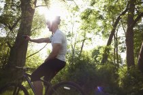 Велосипедист зупиняється на перерві в лісі під підсвічуванням — стокове фото