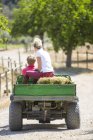 Rear view of male and female grooms driving pick up with straw bales at rural stables — Stock Photo