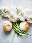 Onions and garlic cloves, top view — Stock Photo
