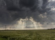 Крипускулярные лучи, сияющие сквозь облака над ландшафтом страны после прохождения сильной грозы — стоковое фото