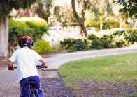 Vue arrière du petit garçon à vélo dans le parc — Photo de stock