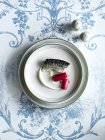 Top view of nouvelle cuisine fish dish — Stock Photo
