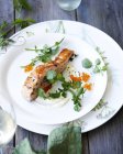 Portion of seared salmon with greens — Stock Photo