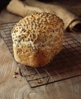 Fresh baked seeded bread loaf on cooling rack — Stock Photo