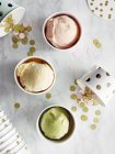 Top view of Ice cream in cups on marble top — Stock Photo