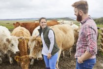 Jeune couple à la ferme vache — Photo de stock