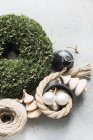 Top view of christmas decoration on grey surface — Stock Photo