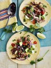Pulled pork in tortillas with herbs and lime slices — Stock Photo