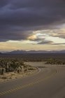Route sinueuse s'étendant jusqu'au parc national Joshua Tree avec ciel nuageux au crépuscule — Photo de stock