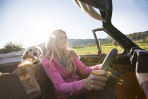 Donna matura e cane, in macchina cabriolet — Foto stock