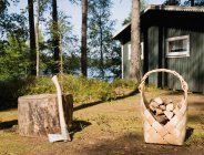 Сокира і дрова біля дерев'яної кабіни — стокове фото