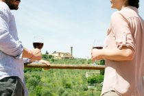 Cropped view of young couple face to face holding wine glasses — Stock Photo