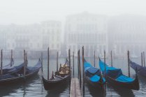 Gondelreihen auf nebelverhangenem Kanal, Venedig, Italien — Stockfoto