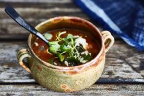 Ciotola di zuppa guarnita con crescione sul tavolo di legno — Foto stock