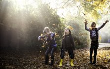 Tres chicos jóvenes, jugando al aire libre, tirando hojas de otoño - foto de stock