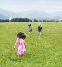 Vista trasera de los niños corriendo en el campo, Fuessen, Baviera, Alemania - foto de stock