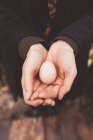 Руки с женскими мешками, держащие яйцо — стоковое фото