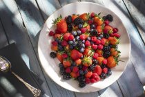 Plate of fresh, mixed berries on wooden surface, top view — Stock Photo