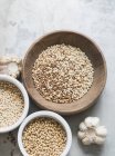 Selection of different grains in bowls and garlic — Stock Photo